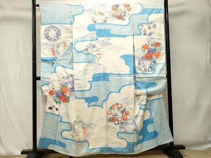 平和屋着物■豪華振袖　駒刺繍　絞り　流水草花文　銀彩　正絹　逸品　CABK4208ev