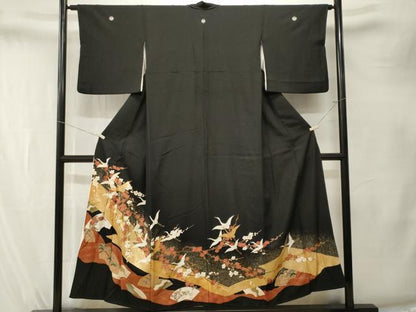 平和屋着物■豪華黒留袖　地紙飛鶴枝梅文　金彩　正絹　逸品　CABK4219ev