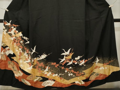 平和屋着物■豪華黒留袖　地紙飛鶴枝梅文　金彩　正絹　逸品　CABK4219ev