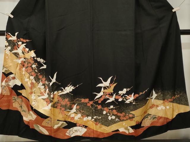 平和屋着物■豪華黒留袖　地紙飛鶴枝梅文　金彩　正絹　逸品　CABK4219ev