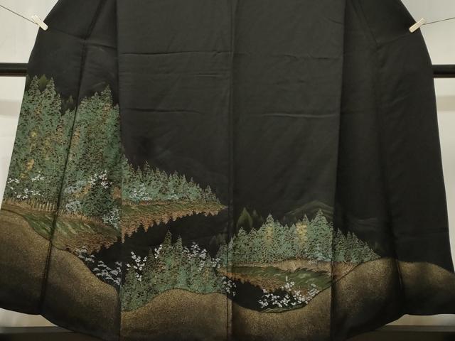 平和屋着物■豪華黒留袖　寿光織　樹林花文　金糸　正絹　逸品　CABK4228ev