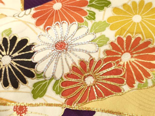 平和屋着物■豪華振袖　駒刺繍　雪芝几帳枝菊文　金銀彩　正絹　逸品　CABK4278ev