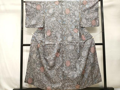 平和屋着物■小紋　更紗枝花文　黒地　金糸　CABK4306ev