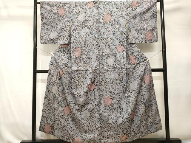 平和屋着物■小紋　更紗枝花文　黒地　金糸　CABK4306ev