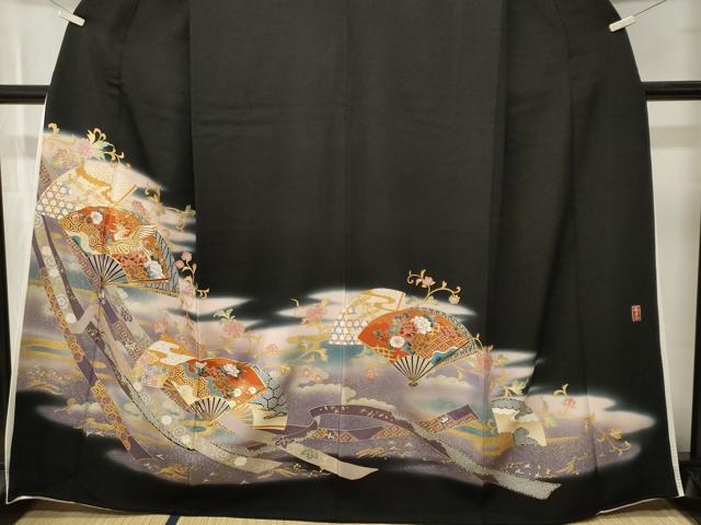 平和屋着物■豪華黒留袖　駒刺繍　衣の年輪　扇面鳳凰草花文　暈し染め　金銀彩　正絹　逸品　CABK4339ev