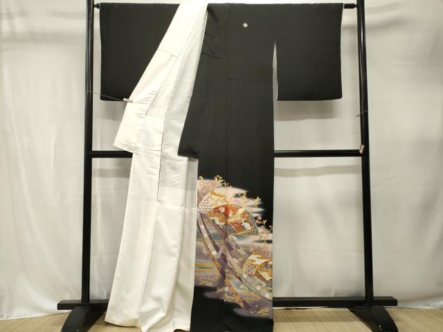 平和屋着物■豪華黒留袖　駒刺繍　衣の年輪　扇面鳳凰草花文　暈し染め　金銀彩　正絹　逸品　CABK4339ev