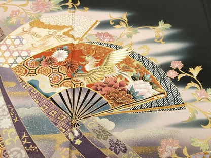 平和屋着物■豪華黒留袖　駒刺繍　衣の年輪　扇面鳳凰草花文　暈し染め　金銀彩　正絹　逸品　CABK4339ev
