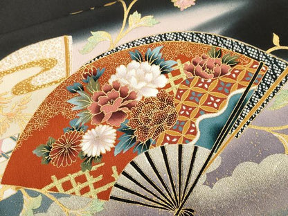 平和屋着物■豪華黒留袖　駒刺繍　衣の年輪　扇面鳳凰草花文　暈し染め　金銀彩　正絹　逸品　CABK4339ev