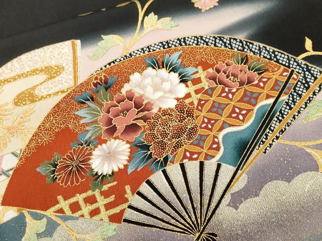 平和屋着物■豪華黒留袖　駒刺繍　衣の年輪　扇面鳳凰草花文　暈し染め　金銀彩　正絹　逸品　CABK4339ev