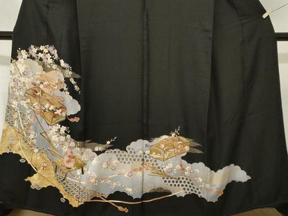 平和屋着物■豪華黒留袖　飛鶴文箱枝桜文　暈し染め　金彩　正絹　逸品　CABK4343ev