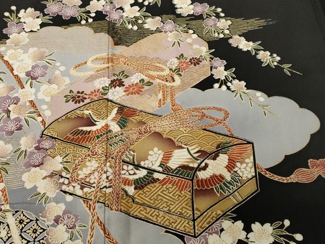 平和屋着物■豪華黒留袖　飛鶴文箱枝桜文　暈し染め　金彩　正絹　逸品　CABK4343ev