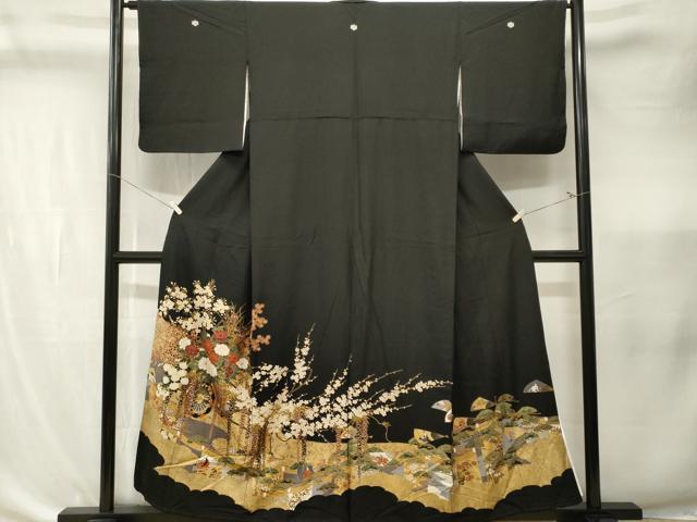 平和屋着物■豪華黒留袖　駒刺繍　人物扇花車文　藤花房　金彩　正絹　逸品　CABK4349ev