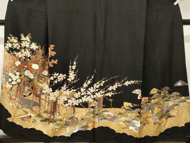 平和屋着物■豪華黒留袖　駒刺繍　人物扇花車文　藤花房　金彩　正絹　逸品　CABK4349ev