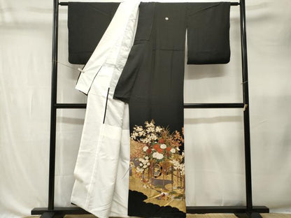 平和屋着物■豪華黒留袖　駒刺繍　人物扇花車文　藤花房　金彩　正絹　逸品　CABK4349ev