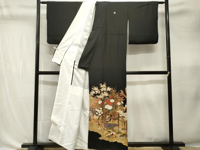 平和屋着物■豪華黒留袖　駒刺繍　人物扇花車文　藤花房　金彩　正絹　逸品　CABK4349ev