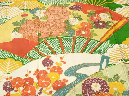 平和屋着物■豪華振袖　駒刺繍　扇面流水枝花文　金彩　正絹　逸品　CABK4350ev
