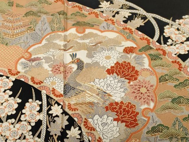 平和屋着物■豪華黒留袖　駒刺繍　雪輪孔雀御所解文　金彩　正絹　逸品　CABK4351ev