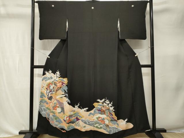 平和屋着物■豪華黒留袖　駒刺繍　扇面御所車飛鶴松竹梅　金彩　正絹　逸品　CABK4353ev