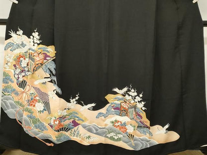平和屋着物■豪華黒留袖　駒刺繍　扇面御所車飛鶴松竹梅　金彩　正絹　逸品　CABK4353ev