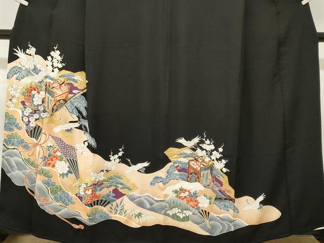 平和屋着物■豪華黒留袖　駒刺繍　扇面御所車飛鶴松竹梅　金彩　正絹　逸品　CABK4353ev