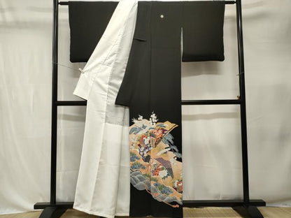 平和屋着物■豪華黒留袖　駒刺繍　扇面御所車飛鶴松竹梅　金彩　正絹　逸品　CABK4353ev