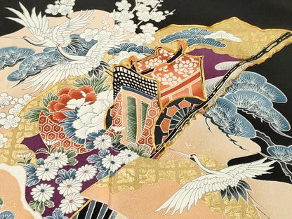 平和屋着物■豪華黒留袖　駒刺繍　扇面御所車飛鶴松竹梅　金彩　正絹　逸品　CABK4353ev