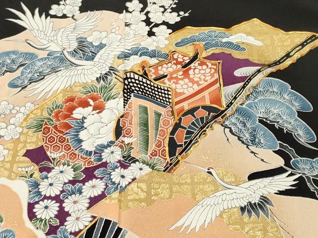 平和屋着物■豪華黒留袖　駒刺繍　扇面御所車飛鶴松竹梅　金彩　正絹　逸品　CABK4353ev