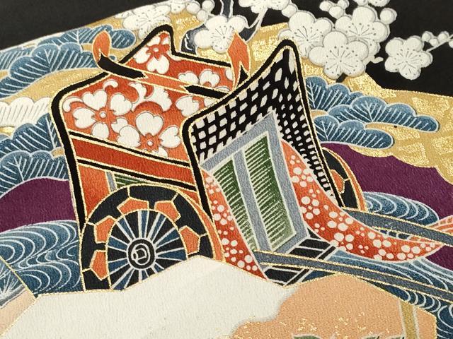 平和屋着物■豪華黒留袖　駒刺繍　扇面御所車飛鶴松竹梅　金彩　正絹　逸品　CABK4353ev