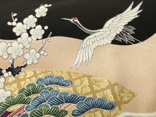 平和屋着物■豪華黒留袖　駒刺繍　扇面御所車飛鶴松竹梅　金彩　正絹　逸品　CABK4353ev
