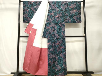 平和屋着物■上質な紬　草花文　黒地　正絹　逸品　CABK4363ev