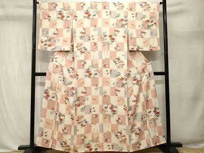 平和屋着物■上質な小紋　市松松竹梅花文　暈し染め　銀彩　正絹　逸品　CABK4383ev
