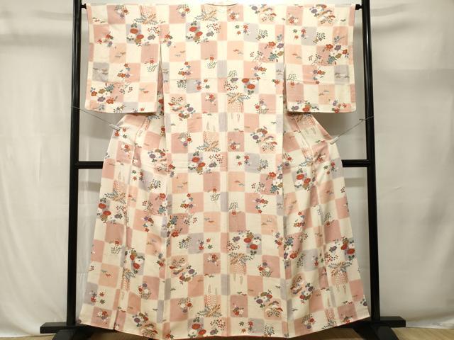 平和屋着物■上質な小紋　市松松竹梅花文　暈し染め　銀彩　正絹　逸品　CABK4383ev