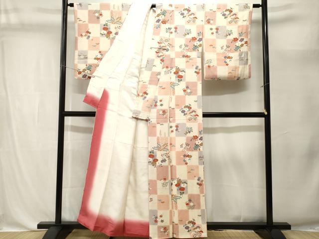 平和屋着物■上質な小紋　市松松竹梅花文　暈し染め　銀彩　正絹　逸品　CABK4383ev