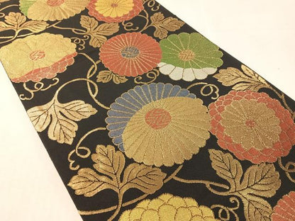 平和屋着物●六通柄　本袋帯　菊花文　黒地　金糸　正絹　逸品　CABK4402vp