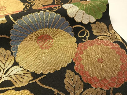 平和屋着物●六通柄　本袋帯　菊花文　黒地　金糸　正絹　逸品　CABK4402vp
