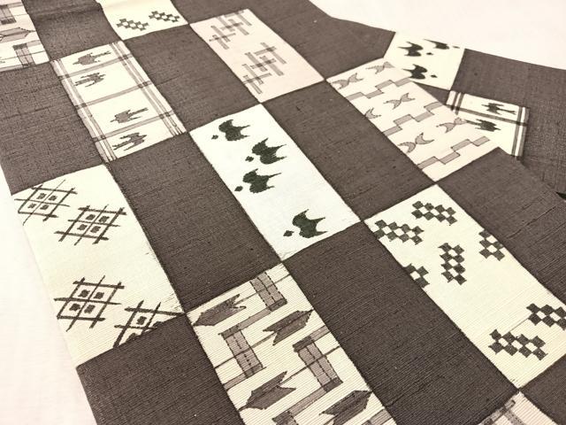 平和屋着物●九寸名古屋帯　作家物　紬地　市松絣文様　銀通し地　正絹　逸品　CABK4411vp