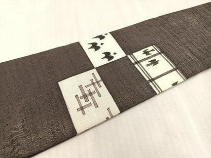 平和屋着物●九寸名古屋帯　作家物　紬地　市松絣文様　銀通し地　正絹　逸品　CABK4411vp