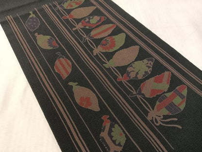 平和屋着物●九寸開き名古屋帯　成り物　黒地　鬼しぼ縮緬　正絹　逸品　CABK4412vp
