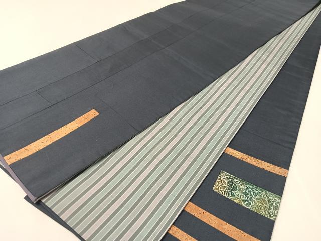 平和屋着物●創作 両面 太鼓柄袋帯 本場大島縞紬地 上村絹織物謹製 切嵌 金唐革 コルク 幾何学鳳凰文 証紙付き 正絹 逸品 CABK4419vp