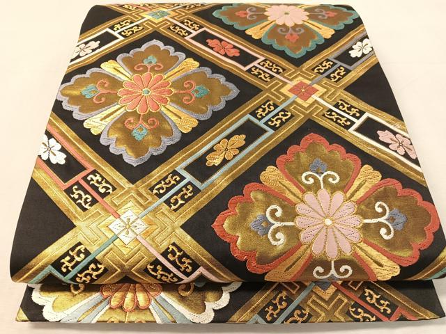 平和屋着物●六通柄袋帯　唐織　花菱天井文　黒地　金糸　正絹　逸品　CABK4420vp