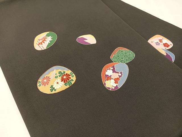 平和屋着物●塩瀬　九寸名古屋帯　駒刺繍　貝合せ花文　黒地　金彩　正絹　逸品　CABK4421vp