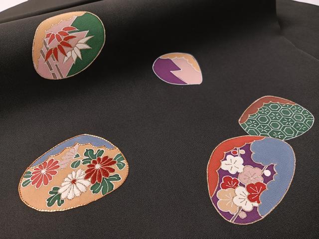 平和屋着物●塩瀬　九寸名古屋帯　駒刺繍　貝合せ花文　黒地　金彩　正絹　逸品　CABK4421vp