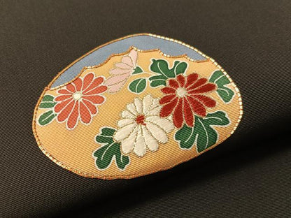 平和屋着物●塩瀬　九寸名古屋帯　駒刺繍　貝合せ花文　黒地　金彩　正絹　逸品　CABK4421vp