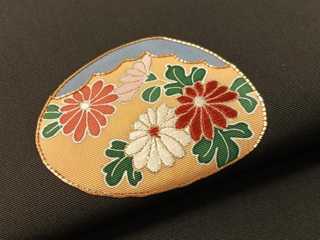 平和屋着物●塩瀬　九寸名古屋帯　駒刺繍　貝合せ花文　黒地　金彩　正絹　逸品　CABK4421vp