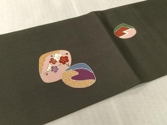 平和屋着物●塩瀬　九寸名古屋帯　駒刺繍　貝合せ花文　黒地　金彩　正絹　逸品　CABK4421vp