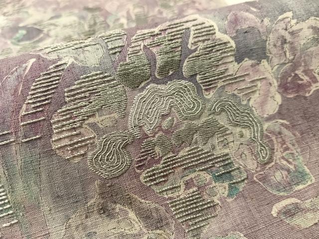 平和屋着物●太鼓柄袋帯　紬地　刺繍　更紗鳳凰文　長尺　正絹　逸品　CABK4422vp