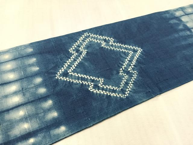 平和屋着物●九寸名古屋帯　紬地　藍　板締め絞り　松皮菱　正絹　逸品　CABK4425vp