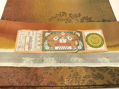 平和屋着物●両面　太鼓柄袋帯　本場縞大島紬地　宮脇謙太郎商店謹製　更紗文　金彩　証紙付き　正絹　逸品　未使用　CABK4431vp