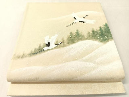 平和屋着物●太鼓柄袋帯　手描き　飛鶴雪景色　正絹　逸品　未使用　CABK4434vp