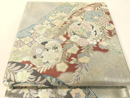 平和屋着物●六通柄袋帯　唐織　立波花蝶丸文　金糸　引箔　正絹　逸品　CABK4435vp